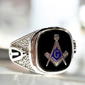 10k white gold solid back black onyx Masonic ring while supply last (click to view ring video) (wgr495)