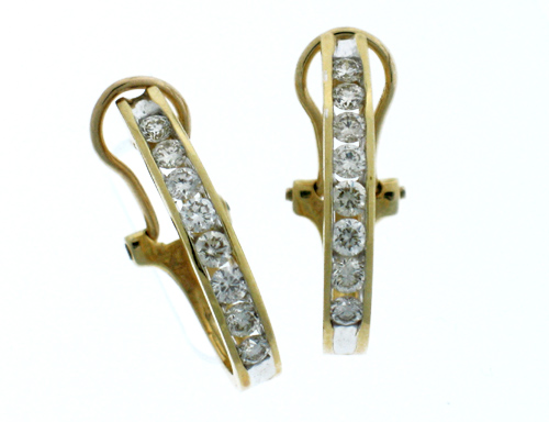 14k gold channel set diamond J hoop earrings with omega backs