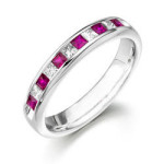 14k white gold channel set Princess cut ruby and diamond ring .25ct of ...