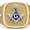 Solid gold open back masonic ring with white gold emblems (click to view 3d video)(WGR531) (USUALLY IN STOCK)