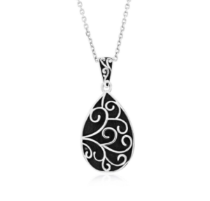 925 Sterling Silver, Oxidized Pearshaped Filigree Design Pendant w/Chain (WCH31)