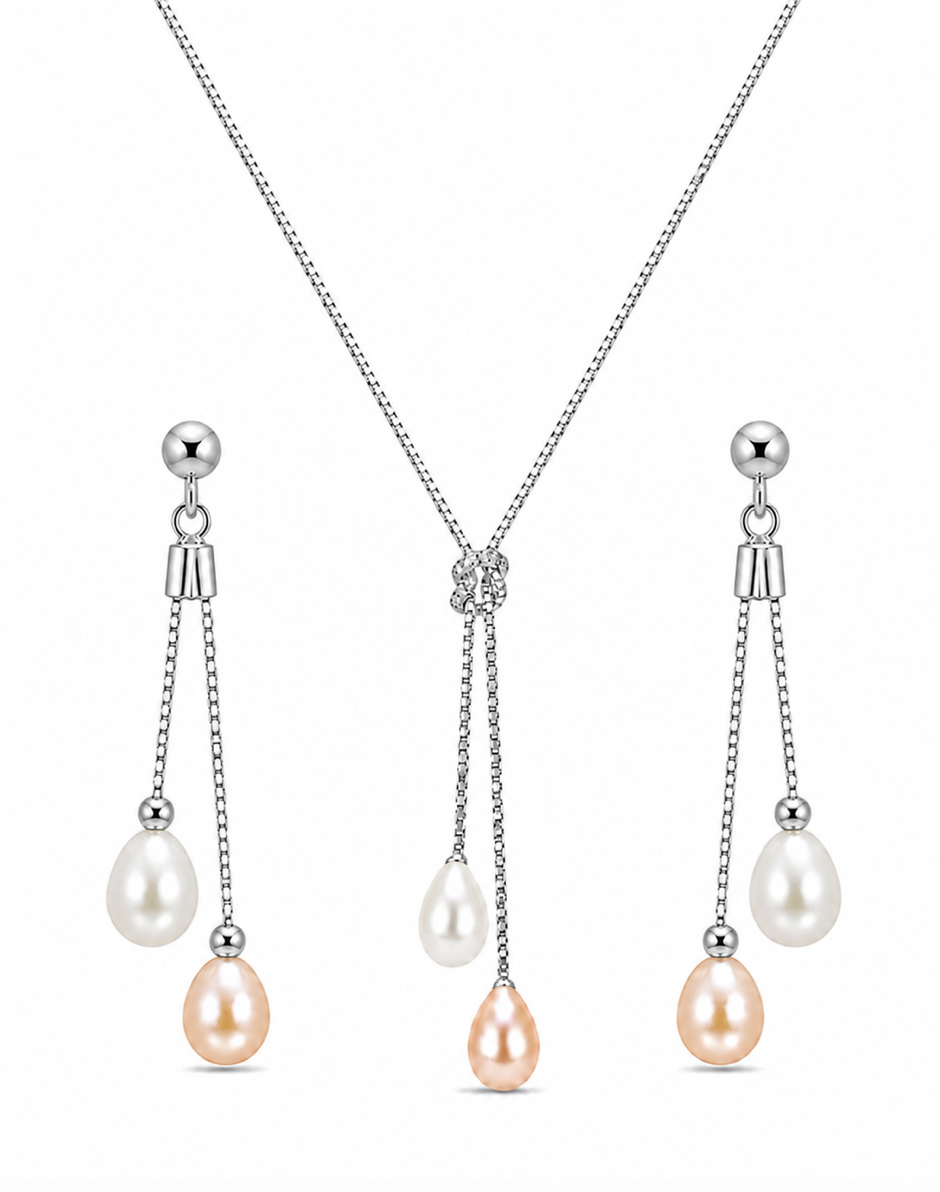 925 sterling silver Dangle earrings with Teardrop white and peach pearls with a matching Box chain necklace ( WPGR42)